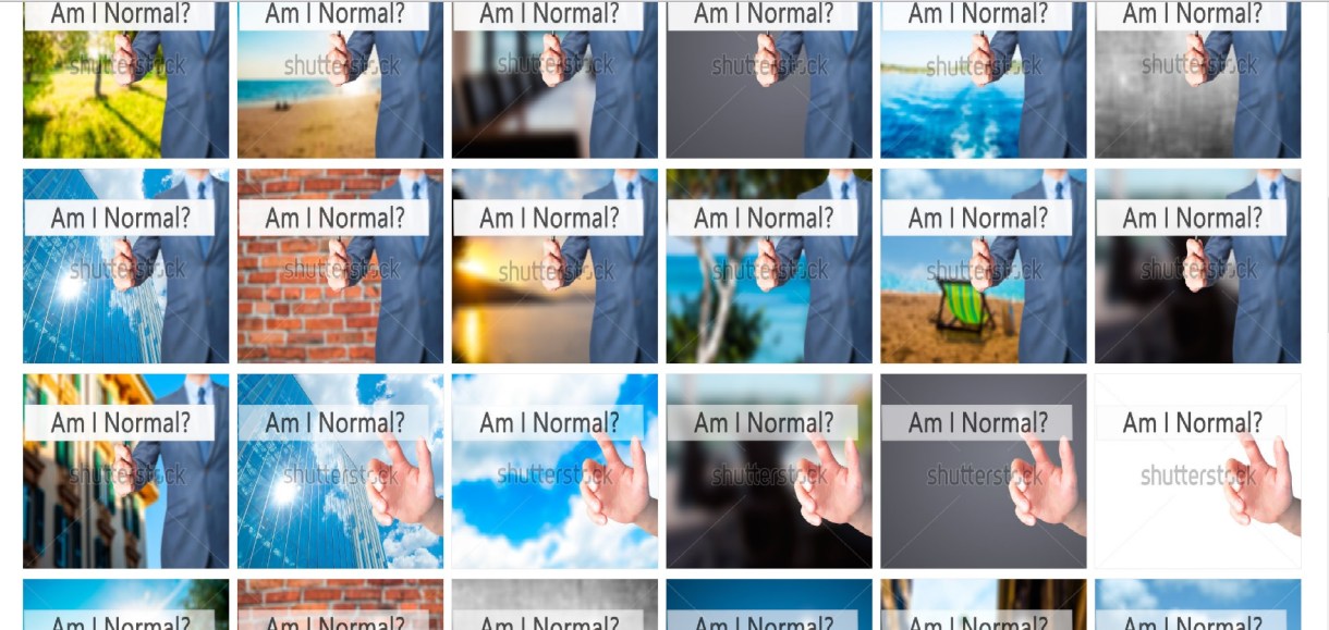 Three rows of variations on the same photo: a man's hand reaching out against various backgrounds toward the text "Am I Normal?"