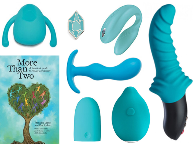 collage of the turquoise sex toys listed below