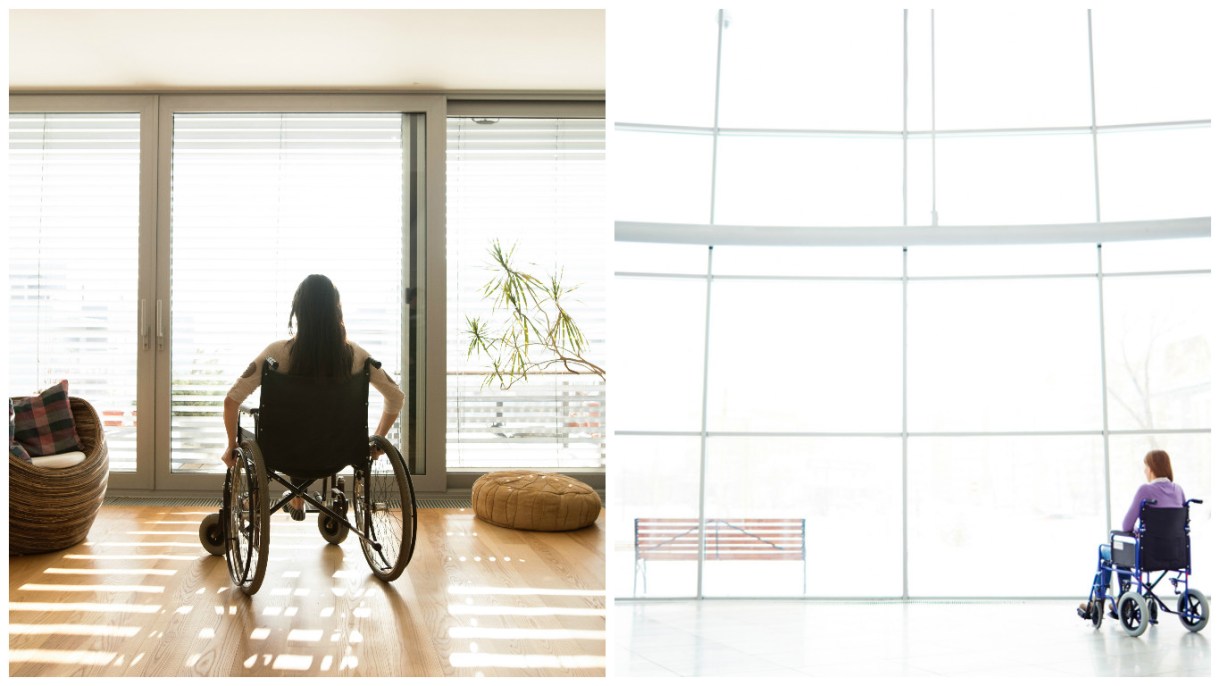 Two photos side by side. On the left, a young woman with long brown hair sits in a manual wheelchair looking out a sliding glass window into the sunshine. On the right, a different woman in a manual chair and wearing a purple sweater sits looking through a very large window that has white light streaming through.