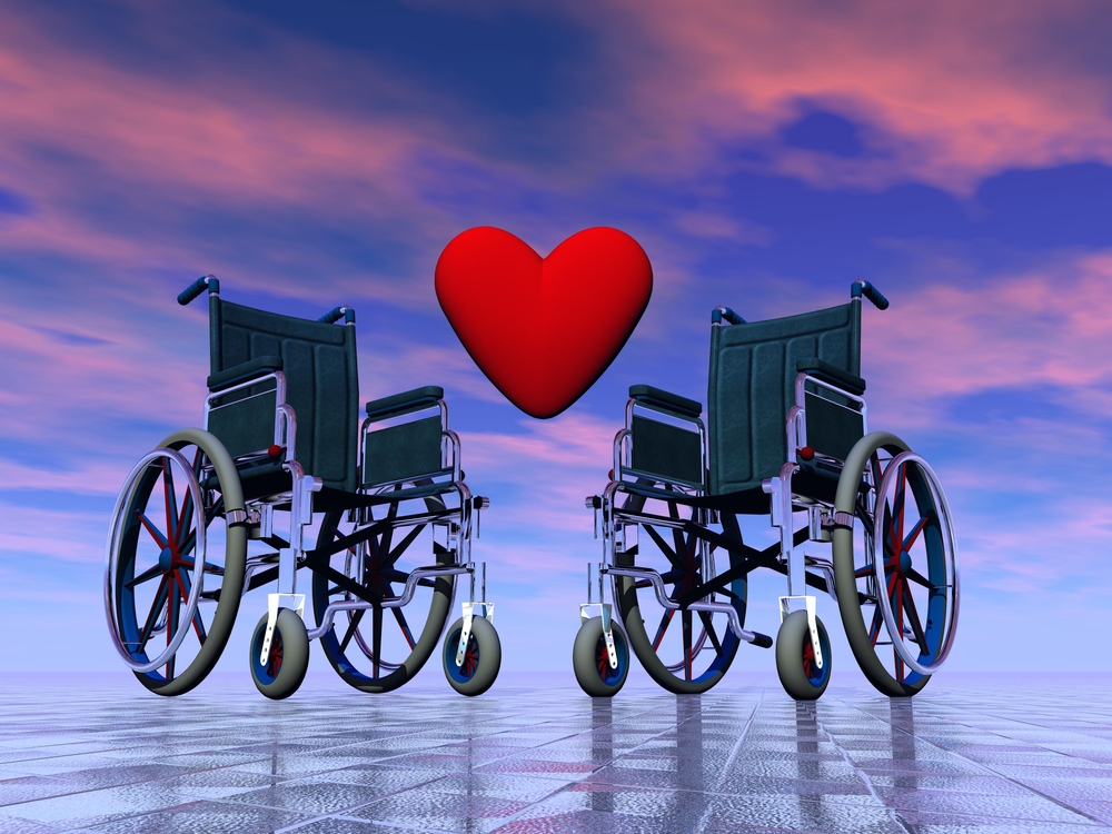 Animated rendering of two black and silver manual wheelchairs, with a heart in between them to symbolize love.