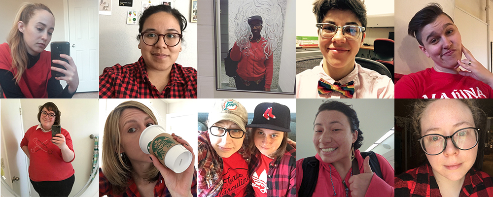 A collage of the ten staff members (and one partner of a staff member) wearing red in solidarity with the Day Without A Woman.