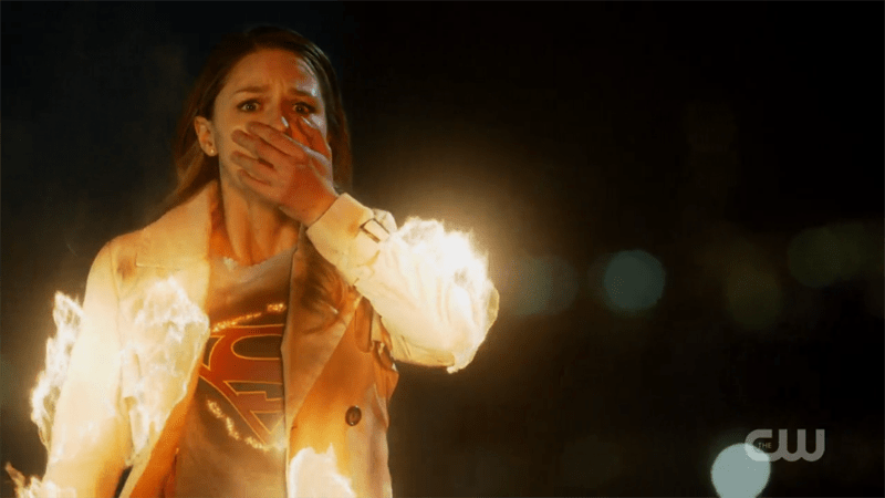 Kara is in flames but still somehow looks more upset for someone else 