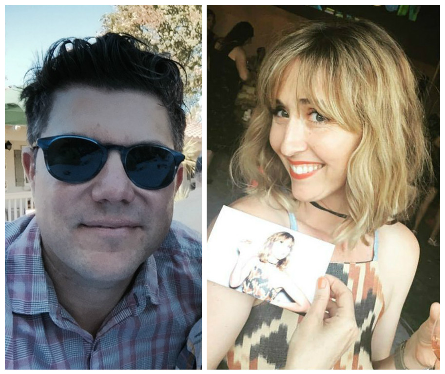 Two photos side by side. On the left, a white man with short dark hair and sunglasses smiles into the camera; on the right, a blonde white woman holding a photograph of herself from a fancy party smiles into the camera.