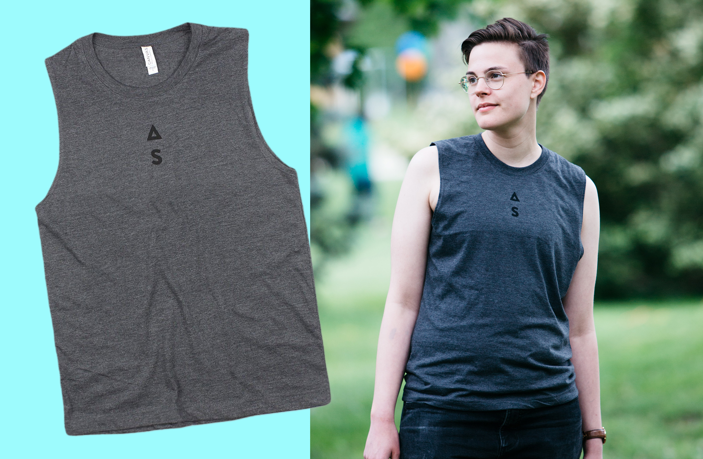 Left: Grey Unisex Muscle Tank with Autostraddle logo screen printed top-center, just below neckline. / Al wearing Autostraddle tank.