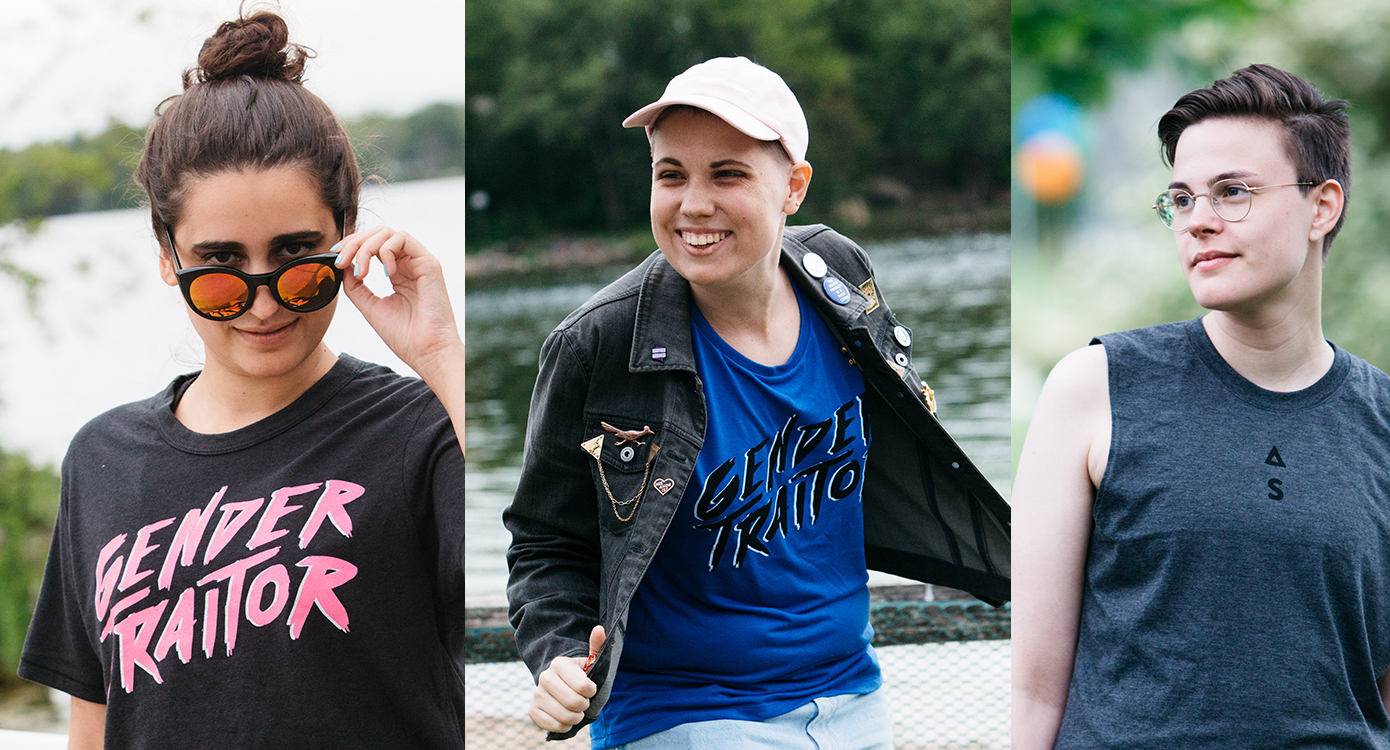 Kayla in Gender Traitor Tee, Audrey in Gender Traitor Tank, Al in Autostraddle Basic Tank