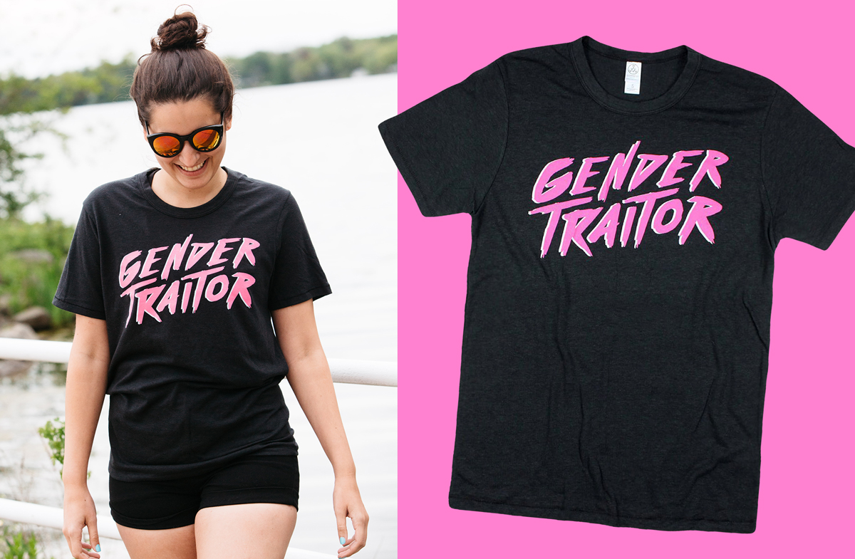 Left: Kayla is wearing a black unisex tee w/ 'Gender Traitor' graphic in neon pink writing / Right: Studio detail of shirt