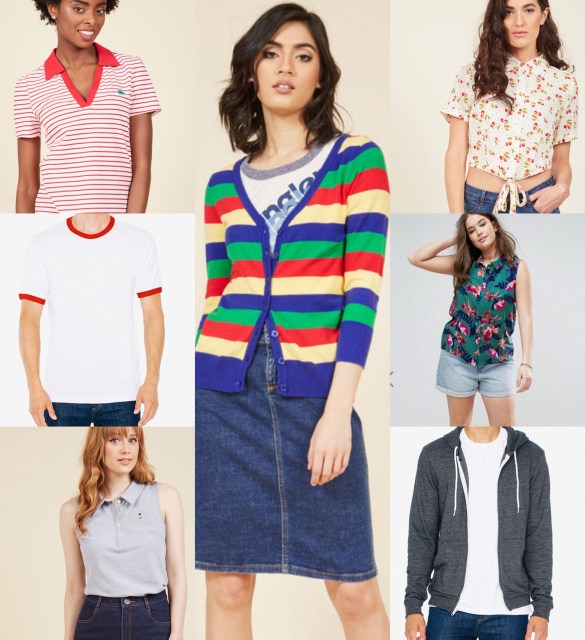 a bunch of camp shirts: a polo, a white tee, some button ups, a striped cardigan, and a hoodie