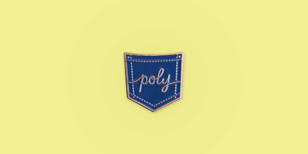 Poly Enamel Pin / Description: Pocket shape with stitching, "poly" written in script in the center / Metal: Copper / Enamel Color: Navy