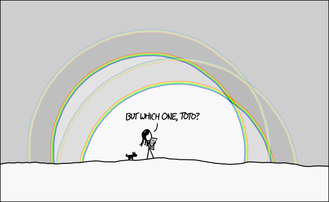 A stick figure Dorothy standing under four overlapping rainbows with a dog. Dialog box says "But which one, Toto?"