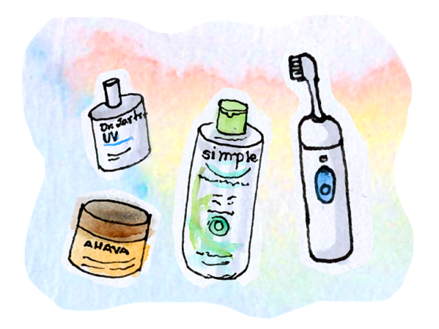 watercolor drawing of various skincare items