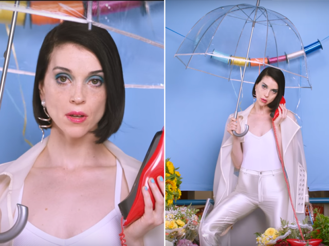 Two shots of St. Vincent in a white tank, transparent rain jacket, and pearlescent disco leggings, holding a transparent umbrella