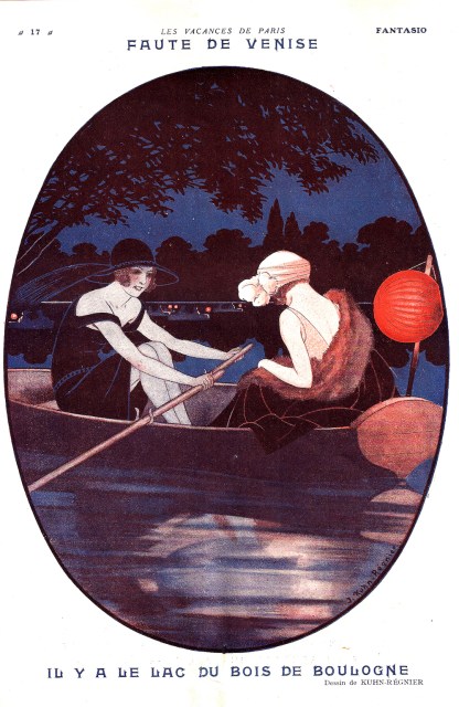 Two fashionable ladies in a nighttime amorous adventure, with the less rarefied caption: “If Venice is too far, there’s always the lake in the Bois de Boulogne”.