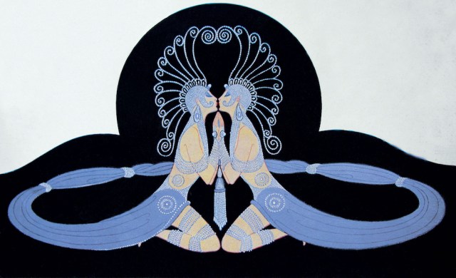 Two identical female figures are kneeling, facing each other and embracing so that they seem to form one body; the flowing fabric sarongs that they wear spread out in a circle around them, the circle of a bracelet imprisoning them in their desire.