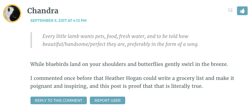 Every little lamb wants pets, food, fresh water, and to be told how beautiful/handsome/perfect they are, preferably in the form of a song. While bluebirds land on your shoulders and butterflies gently swirl in the breeze. I commented once before that Heather Hogan could write a grocery list and make it poignant and inspiring, and this post is proof that that is literally true.