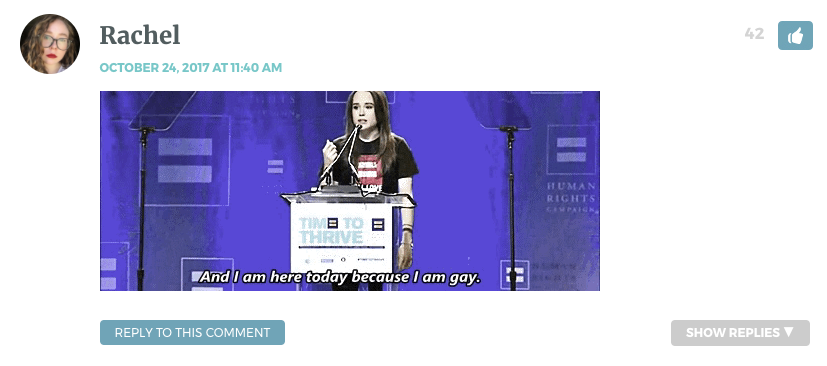 Gif of Ellen Page's 2014 HRC coming out speech. She is saying "I am here today because I am gay."