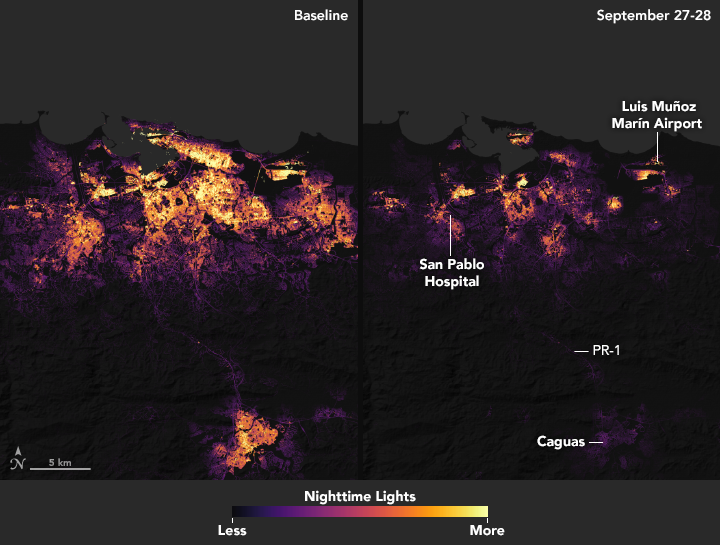 San Juan, capital of the commonwealth, before and after Hurricane Maria. Data was acquired by the Visible Infrared Imaging Radiometer Suite (VIIRS) “day-night band,