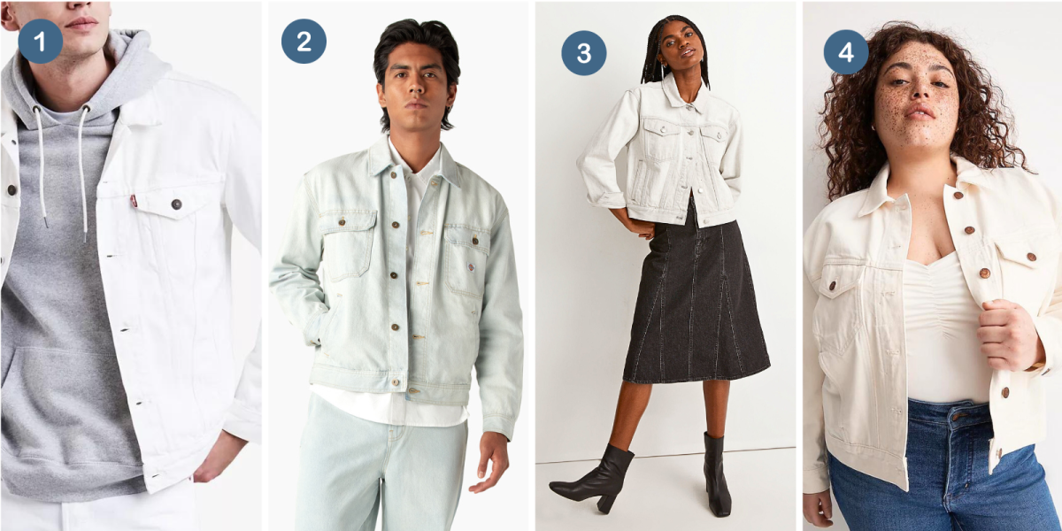 1. A bright white men's denim coat, 2. An acid wash white men's denim coat, 3. A cropped women's white denim coat, 4. An off-white women's denim coat