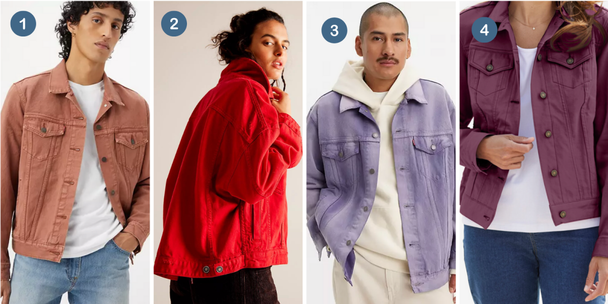 1. A peach denim coat, 2. a red denim coat, 3. a lavender denim coat, 4. a plum colored denim coat