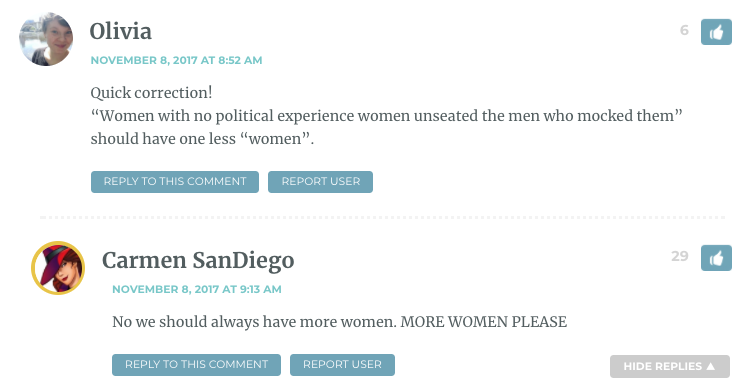 Olivia: Quick correction! “Women with no political experience women unseated the men who mocked them