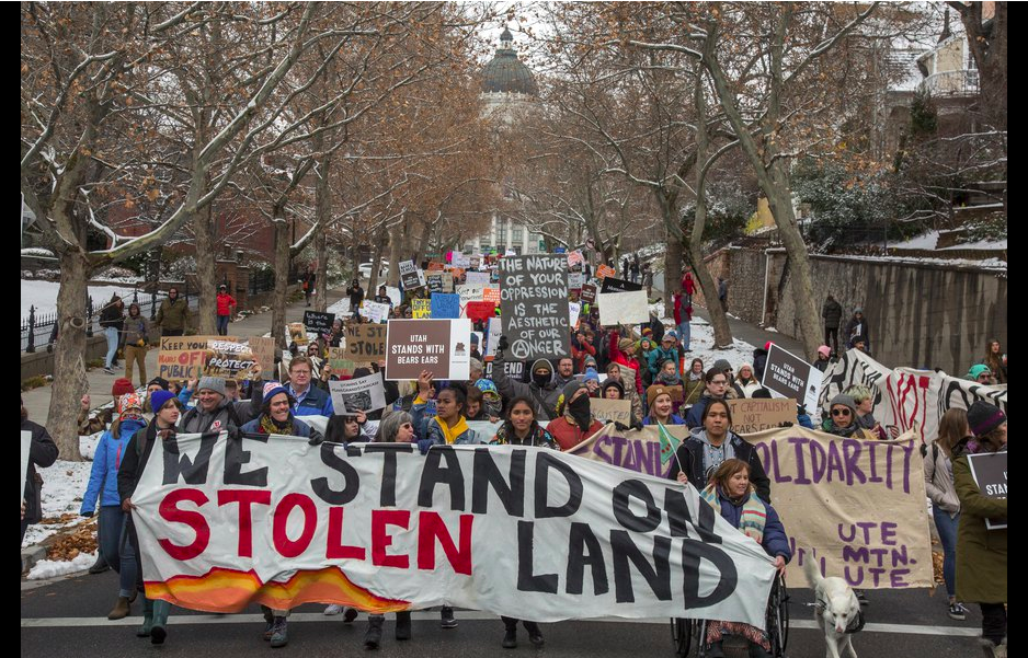 Protesters march from the Utah State Capitol through downtown Salt Lake City during President Donald Trump's visit Monday, Dec. 4, 2017. Roughly 3,000 demonstrators lined up near the State Capitol to protest Trump's announcement of scaling back two sprawling national monuments, and his declaring that "public lands will once again be for public use." (Benjamin Zack/Standard-Examiner via AP / The Salt Lake Tribune.)