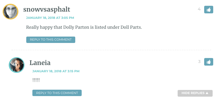 Really happy that Dolly Parton is listed under Doll Parts.