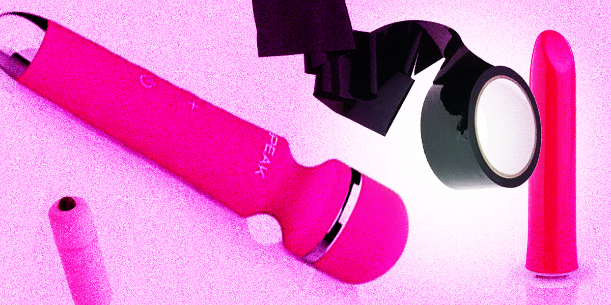 collage of sex toys: vibrator, bullet, wand massager and bondage tape