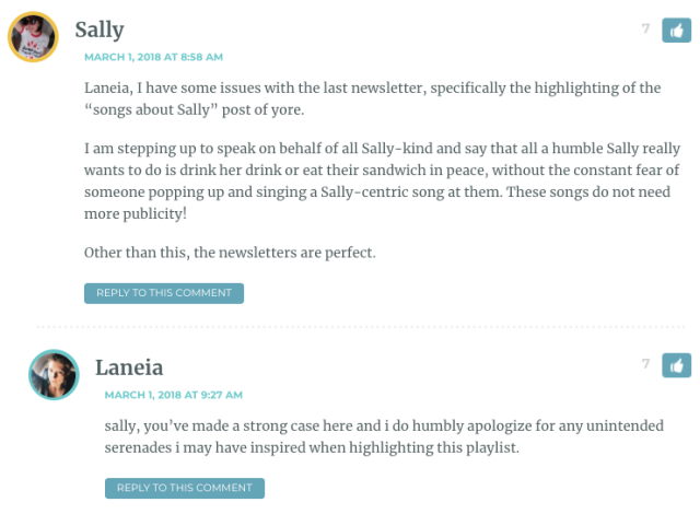 Laneia, I have some issues with the last newsletter, specifically the highlighting of the “songs about Sally