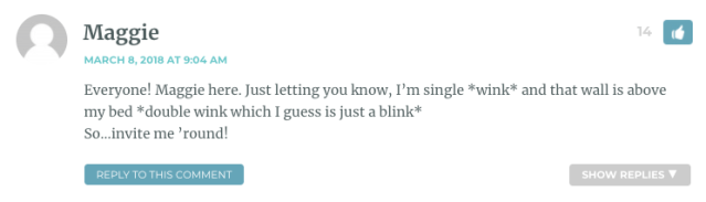 Everyone! Maggie here. Just letting you know, I’m single *wink* and that wall is above my bed *double wink which I guess is just a blink* So…invite me ’round!