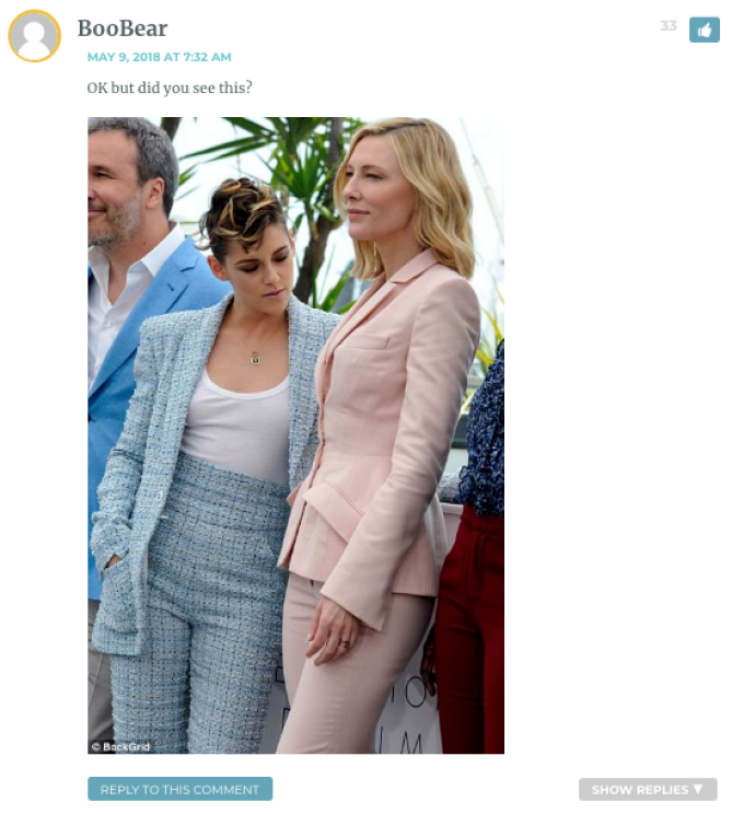 OK but did you see this? [Image of Kristen Stewart, at Cannes, staring at Cate Blanchett's breasts]