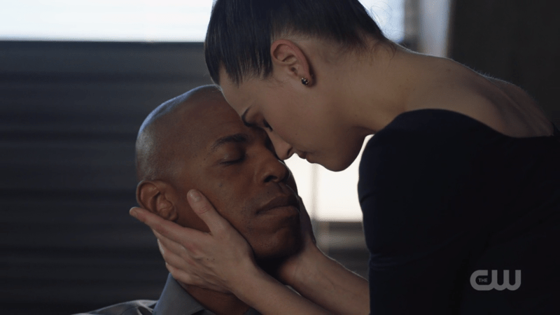 Lena presses her forehead to James's forehead