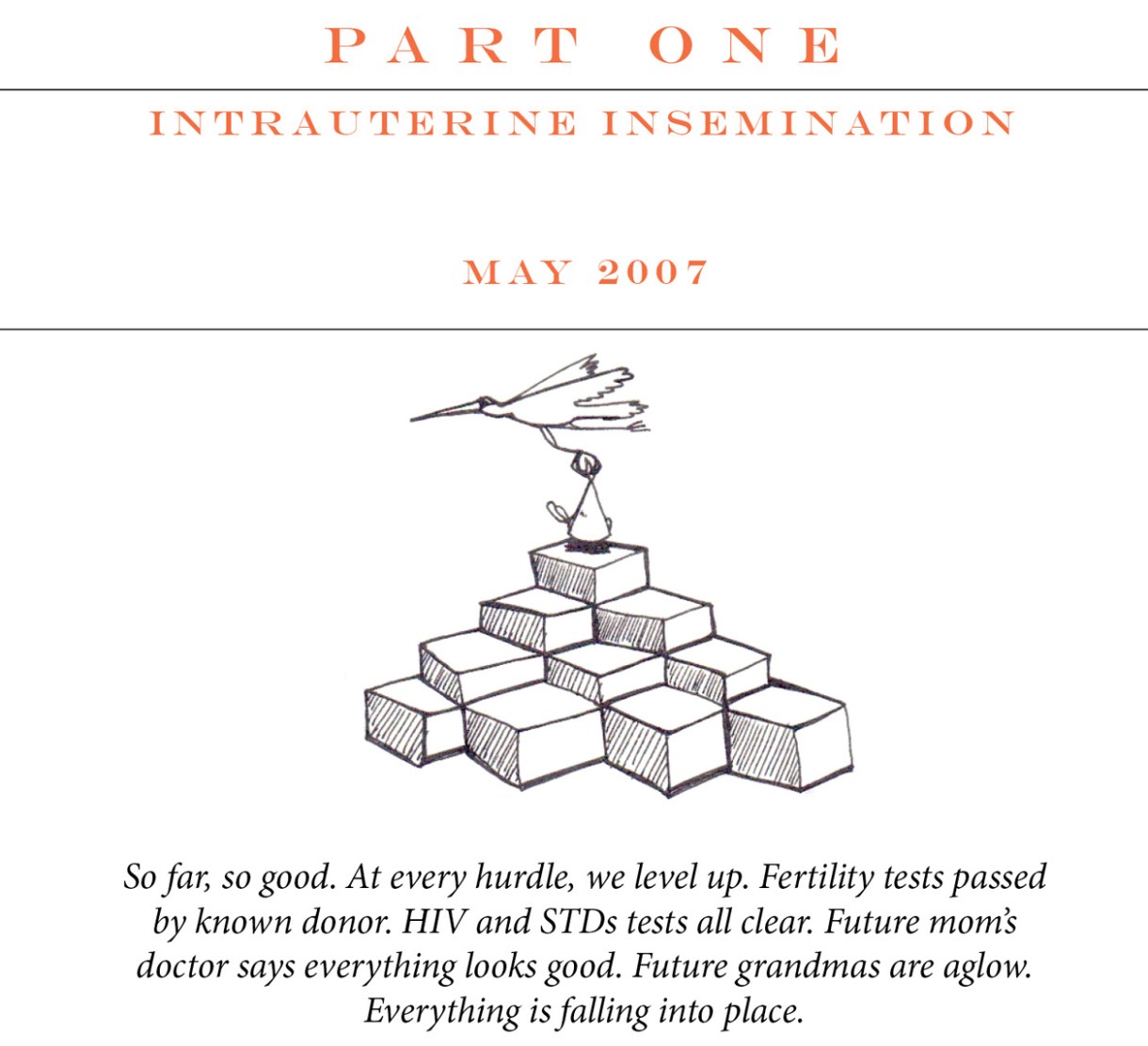 Part One: Intrauterine Insemination Image description: A stork floats a baby bundle above the top cube of a Q-Bert game board Caption: “So far, so good. At every hurdle, we level up. Fertility tests passed by known donor. HIV and STDs tests all clear. Future mom’s doctor says everything looks good. Future grandmas are aglow. Everything is falling into place.