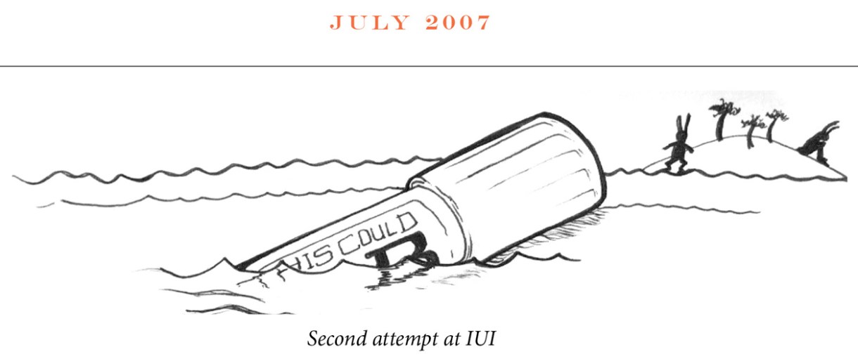 July 2007 Image description: In the distance two rabbits occupy a desert island. One looks out to a vile, like a message in a bottle, floating in the ocean. On the side the vile says “This could B.