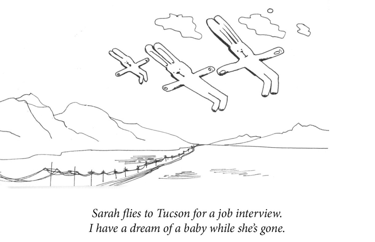 Image description: Three rabbits lie fly above a desert highway, two large, one small. Caption: “Sarah flies to Tucson for a job interview. I have a dream of a baby while she’s gone.