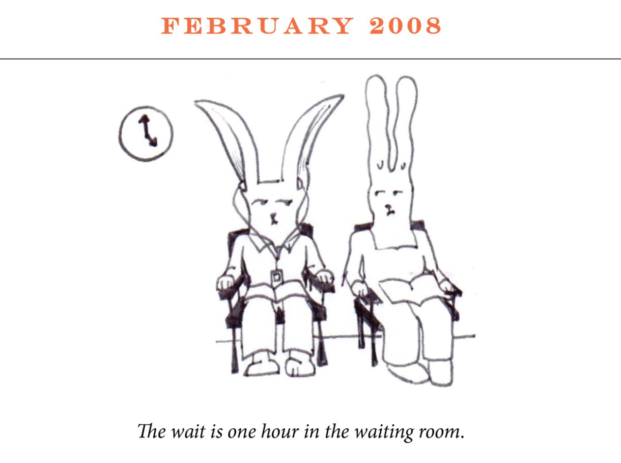 February 2008 Image description: Two rabbits sit in chairs with a clock on the wall behind them. One listens to headphones. Their postures are upright and they share a concerned glance. Caption: “The wait is one hour in the waiting room. 