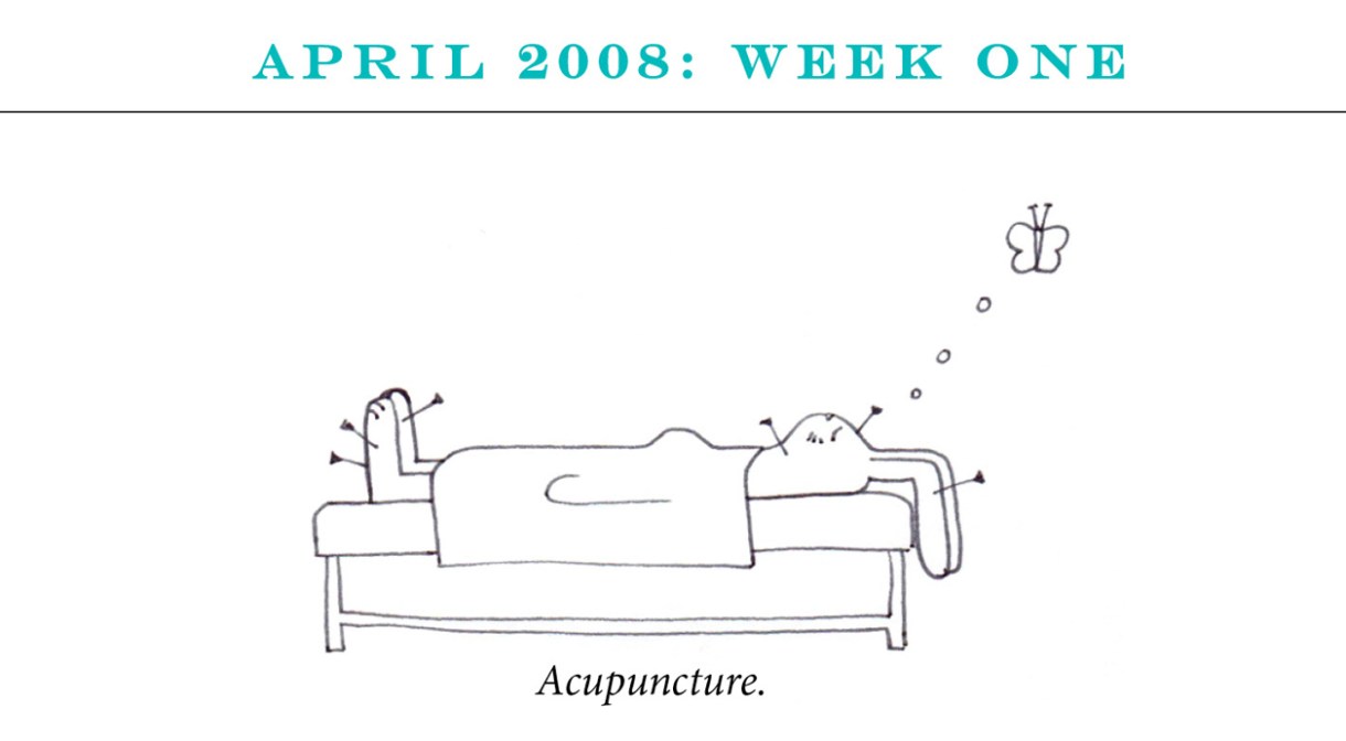 April 2008: Week One Image description: A rabbit lies on a bed with six needles in various locations in its body. She’s thinking about a butterfly. Caption: “Acupuncture.