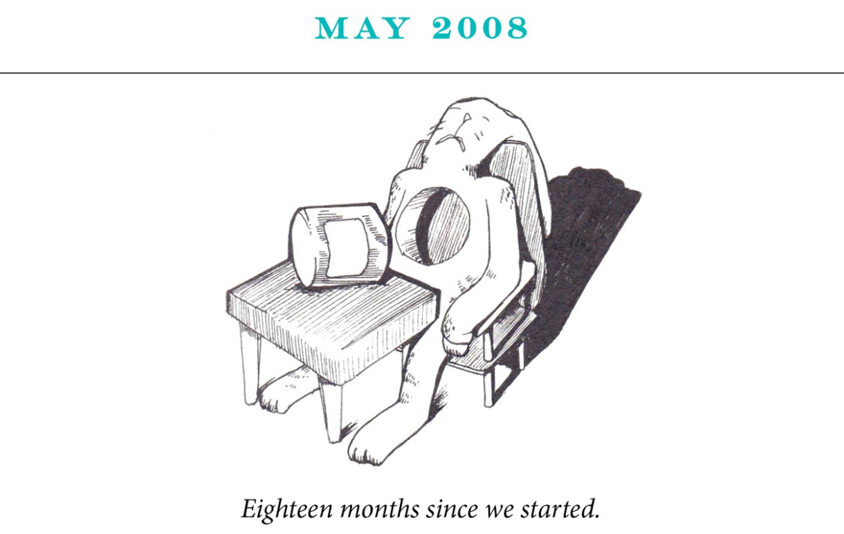 May 2008 Image description: A rabbit is seated at a table with a circle shaped part of her body removed and lying on the table. Caption: “Eighteen months since we started.