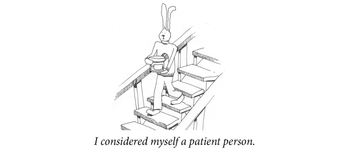 Image description: A rabbit carries a cylinder down a flight of stairs. Caption: “I considered myself a patient person.