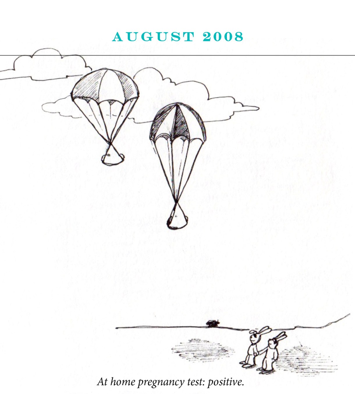 August 2008 Image description: Two rabbits hold hands looking up at the sky, where two baby bundles float down from parachutes. Caption: “At home pregnancy test: positive.