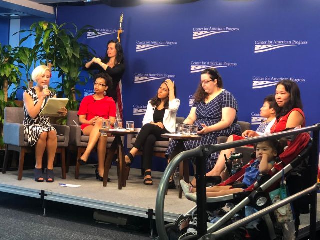 From left: Rebecca Vallas, Keri Gray, Noorain Khan, Julia Bascom, Mia Ives-Rublee, Elena Hung, and special guest star Xiomara Hung introduce the Disability Justice Initiative. Photo courtesy of Rebecca Cokley.