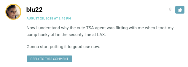 Now I understand why the cute TSA agent was flirting with me when I took my camp hanky off in the security line at LAX. Gonna start putting it to good use now.