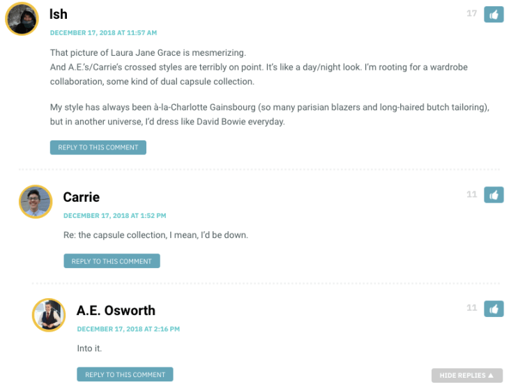 Ish: A.E.’s/Carrie’s crossed styles are terribly on point. It’s like a day/night look. I’m rooting for a wardrobe collaboration, some kind of dual capsule collection. / Carrie: Re: the capsule collection, I mean, I’d be down. / A.E.: Into it.