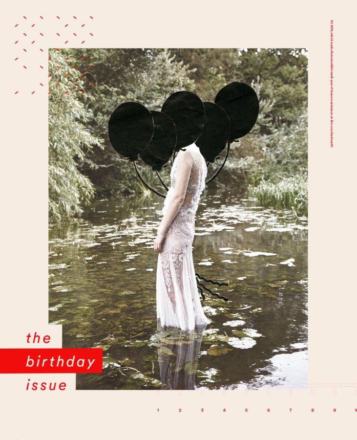 the birthday issue [graphic is a woman standing in the water, head is covered in black balloons]