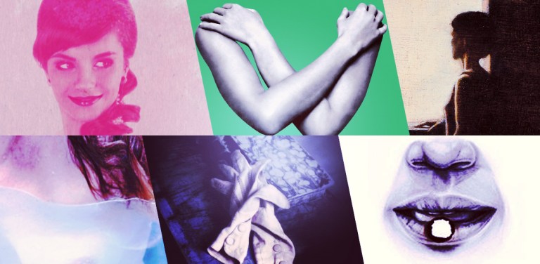 A collage of six books covers, each of books with lesbian sex inside them