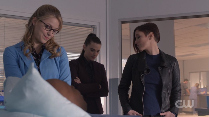 Kara, Lena and Alex all kind of look down but look great 