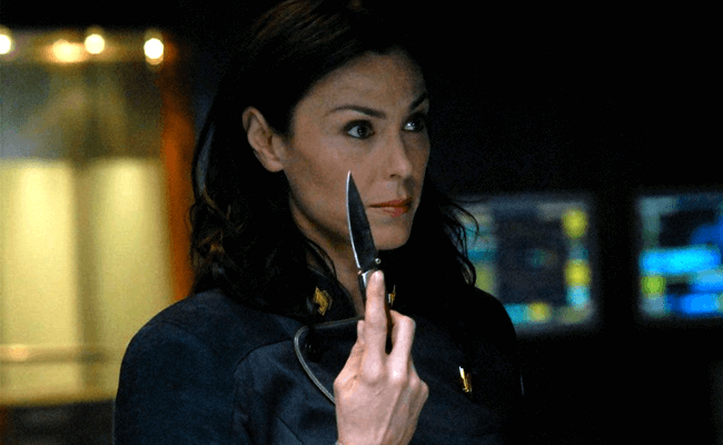 Helena Cain holds a knife on Battlestar Galactica