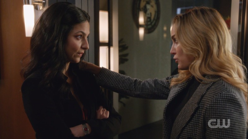 Sara puts her hand on Zari's shoulder to give her a pep talk 