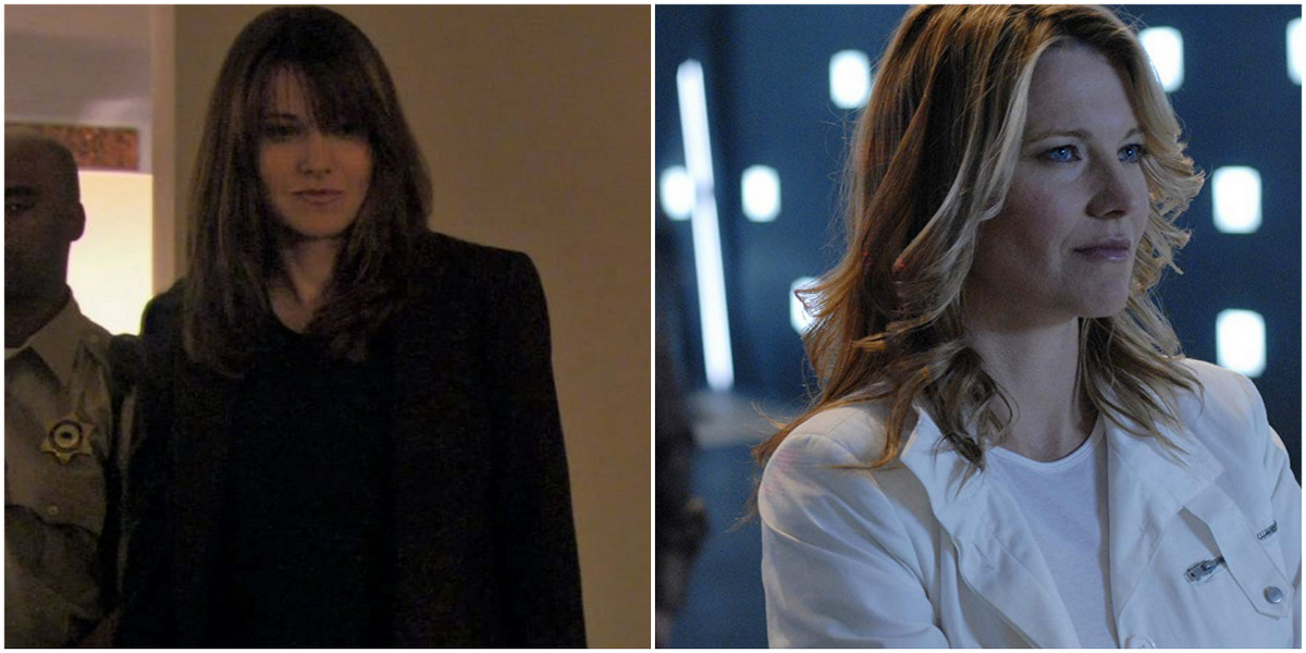 Side-by-side of the actress Lucy Lawless. On the right, she is a brunette wearing a black pantsuit and standing in front of a cop as she investigates a murder in Season 6. On the right, she is blonde wearing a white shirt and white jacket, staring off into the distance as she plays D'Anna Biers on Battlestar Galactica.