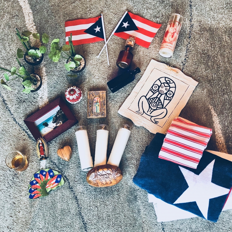 A collection of candles, Puerto Rican flags, and other altar making materials such as potted green paths and water fresh from the ocean.