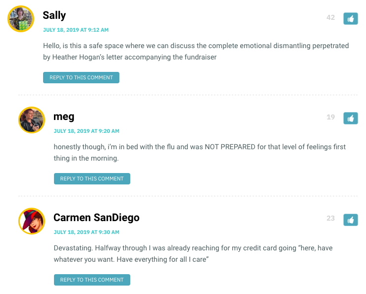 Hello, is this a safe space where we can discuss the complete emotional dismantling perpetrated by Heather Hogan’s letter accompanying the fundraiser