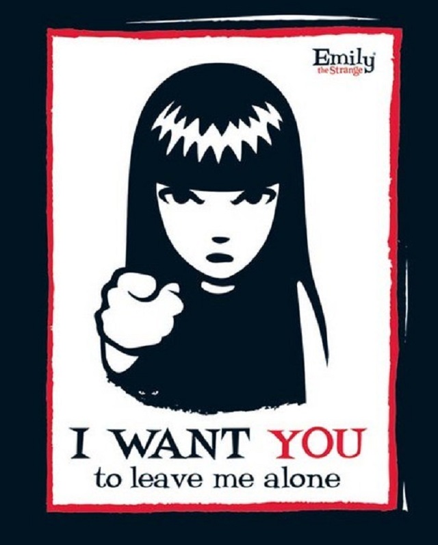 A cartoon character with blunt-cut bangs and long, dark hair points at the reader with an angry expression on her face. Beneath her is the text, "I WANT YOU to leave me alone."